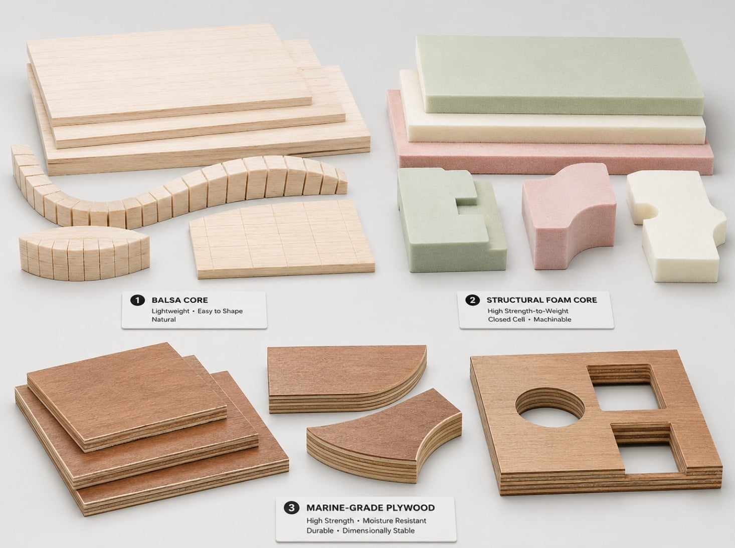 Structural Core Materials Including Foam, Balsa, And Marine-Grade Plywood For Composite Applications