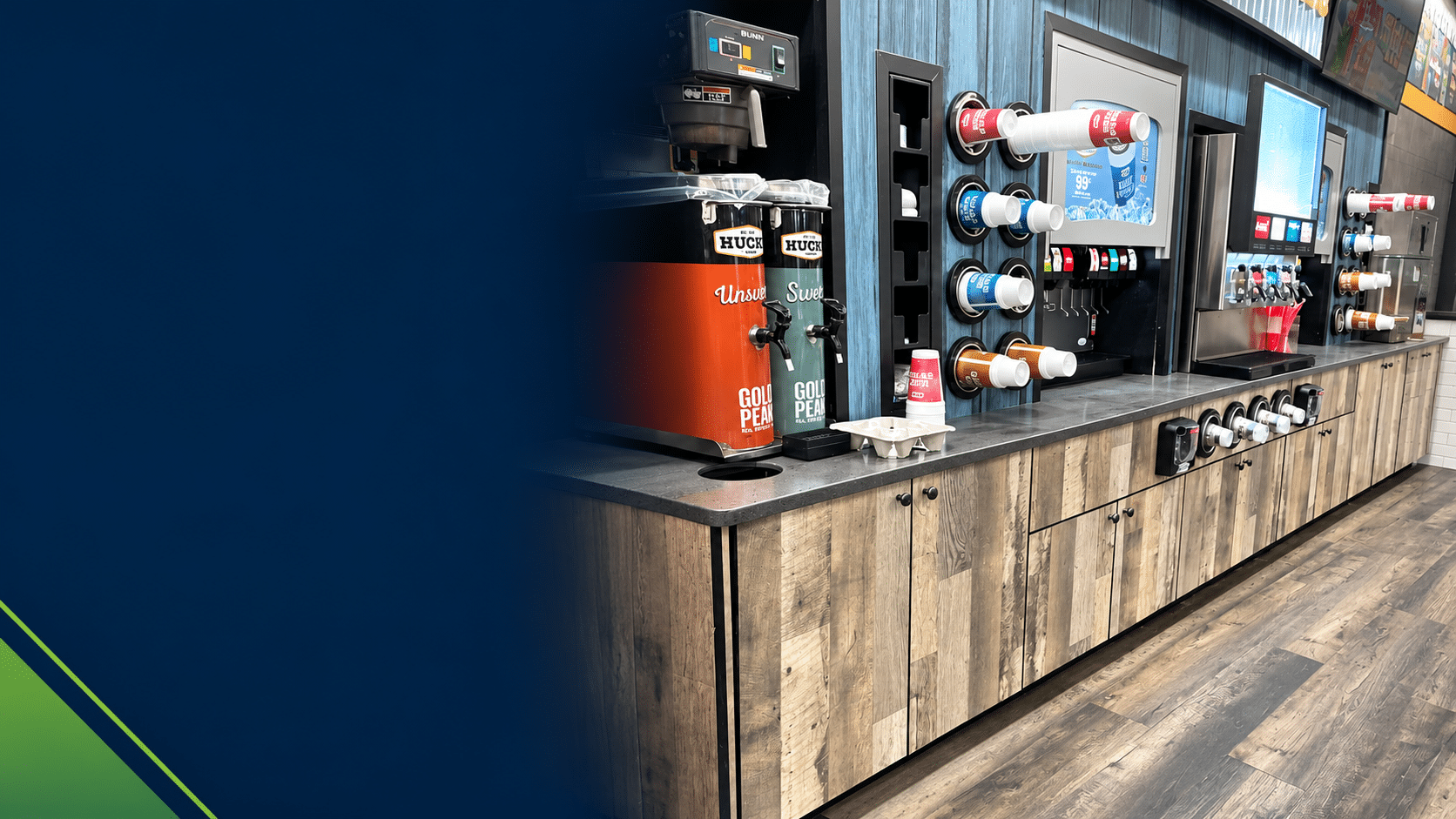 Convenience Store Beverage Counter With Wood-Look Cabinets And Drink Equipment