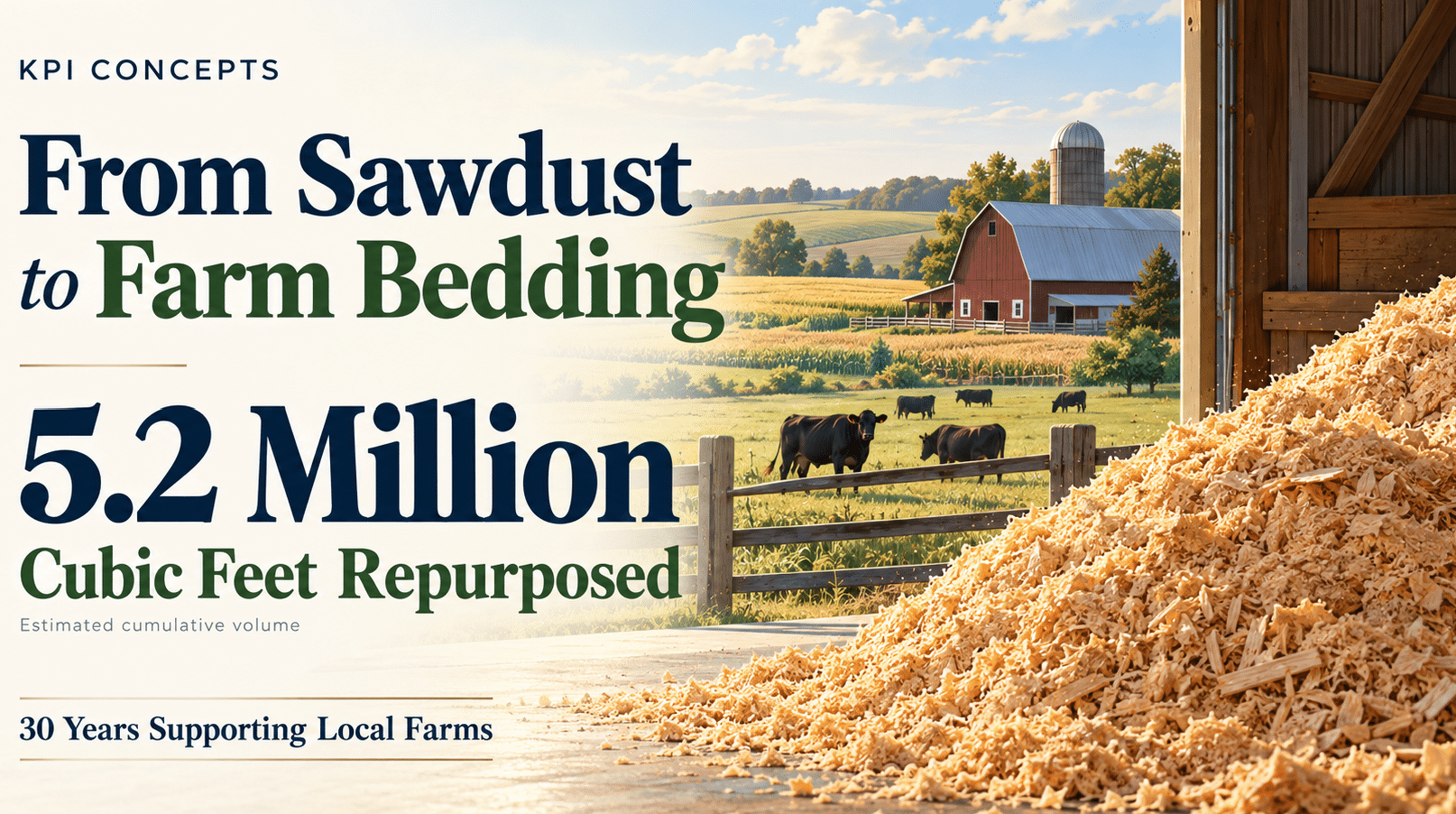 Kpi Concepts Sawdust Reuse Illustration Highlighting 5.2 Million Cubic Feet Repurposed Over 30 Years.